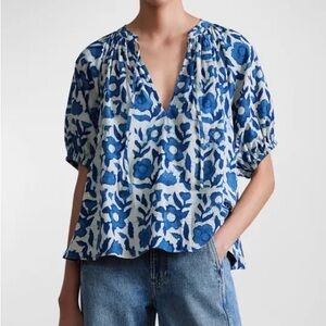 Apiece Apart Lumina Floral-Print Blouson-Sleeve Pullover Blouse Size S